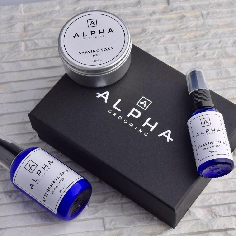 alpha grooming shave shaving gift box set mint pepper oil cream aftershave balm product Christmas present