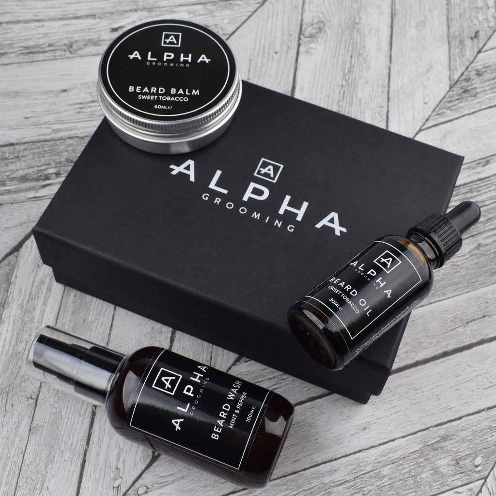 alpha grooming sweet tobacco beard gift box set oil balm wash product Christmas present 